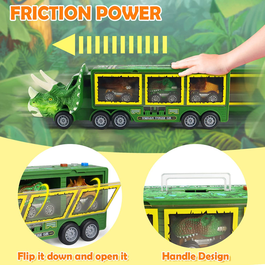 Dinosaur Toy Truck for Kids 3-7 with Flashing Lights, Music and Roaring Sound, 10 in 1 Dinosaur Toys for Boys and Girls, 3 Pull Back Dinosaur Cars, 6 Dinosaur Toys and 1 Dinosaur Carrier Truck