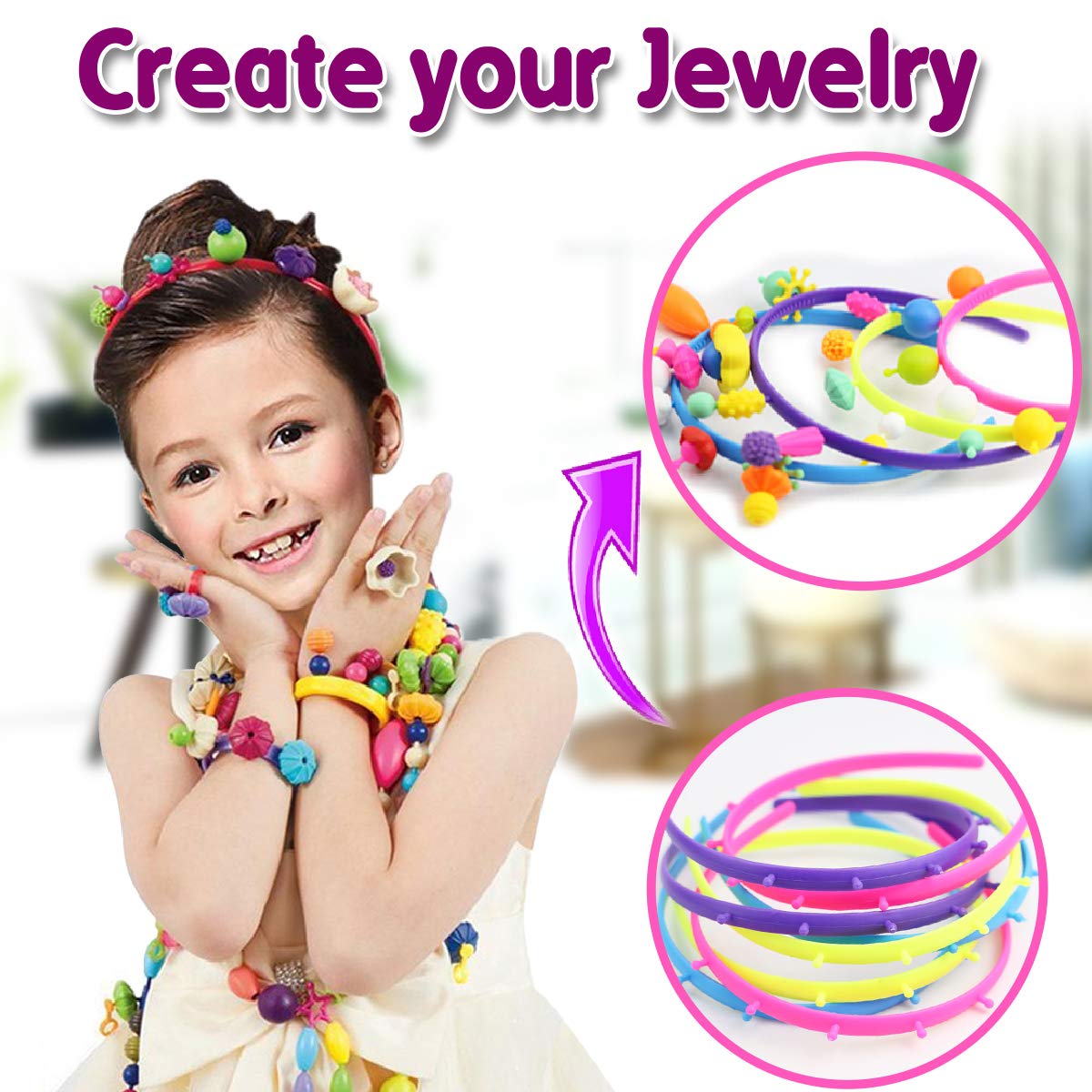 FUNZBO Snap Pop Beads for Girls Toys - Kids Jewelry Making Kit Pop-Bead Art and Craft Kits DIY Bracelets Necklace Hairband and Rings Toy for Age 3 4 5 6 7 8 Year Old Girl (Large)