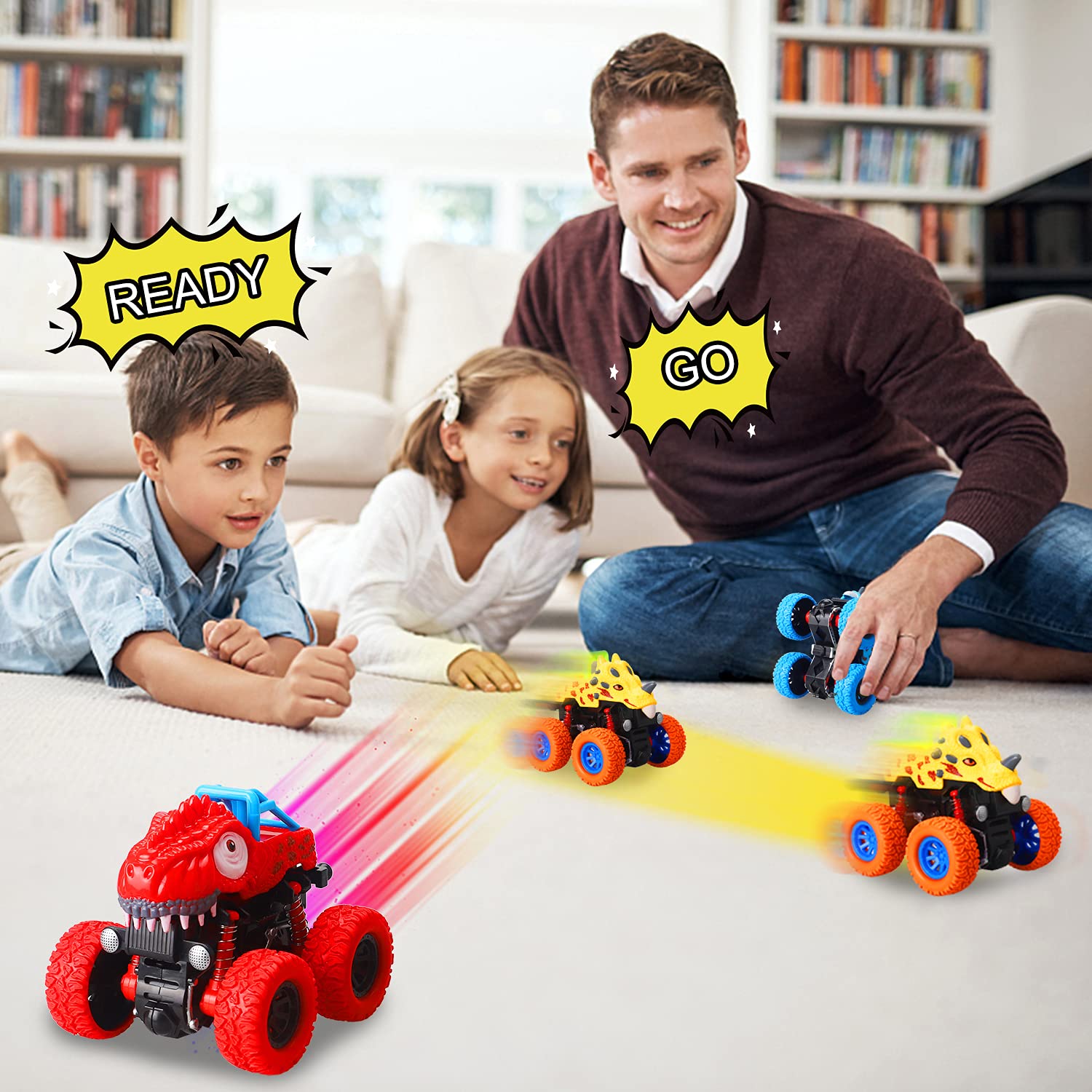 aovowog Toddler Monster Truck Toys for Boys, 4 Pack Pull Back Cars, Friction Powered Cars for Kids, Dinosaur Toys for 3 4 5 6 Year Old Boys Girls - Christmas Birthday Party Gift for Kids