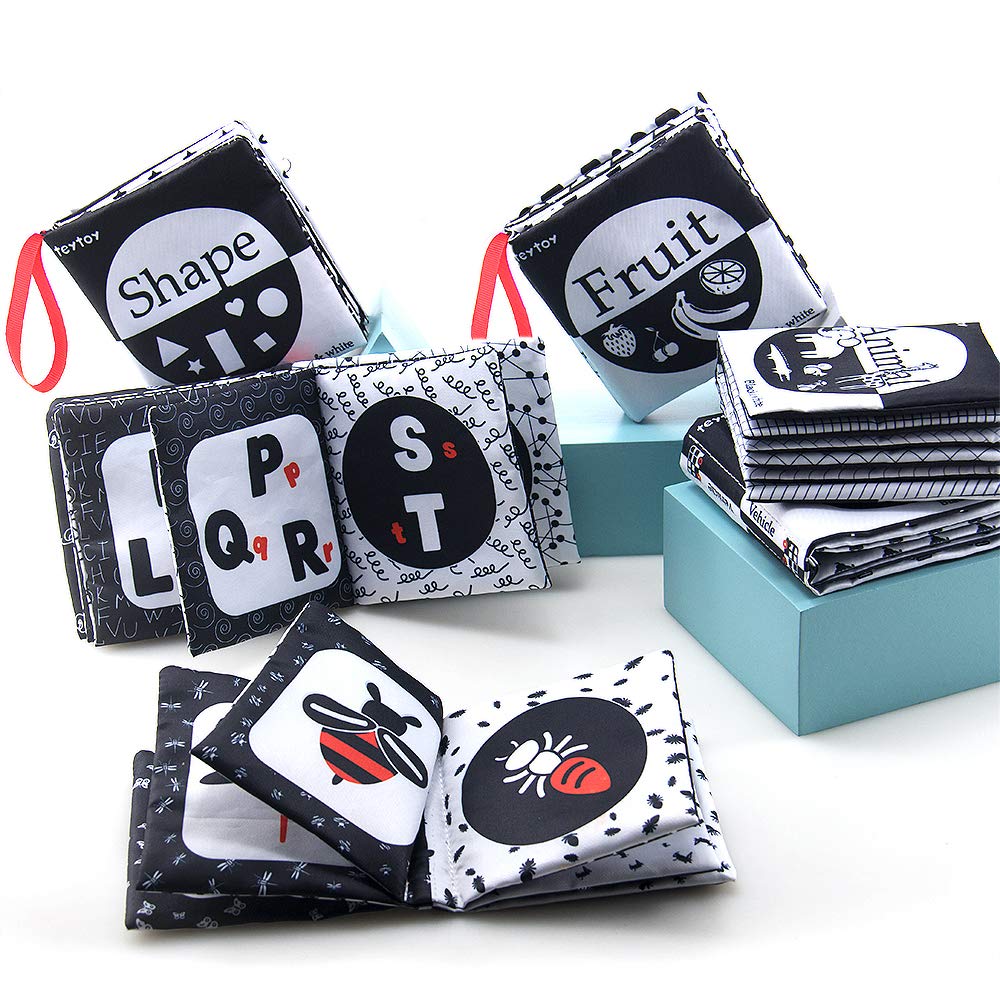 teytoy My First Soft Book, 6 PCS Nontoxic Fabric Baby Cloth Activity Crinkle Soft Black and White Books for Infants Boys and Girls Early Educational Toys Perfect for Baby Shower