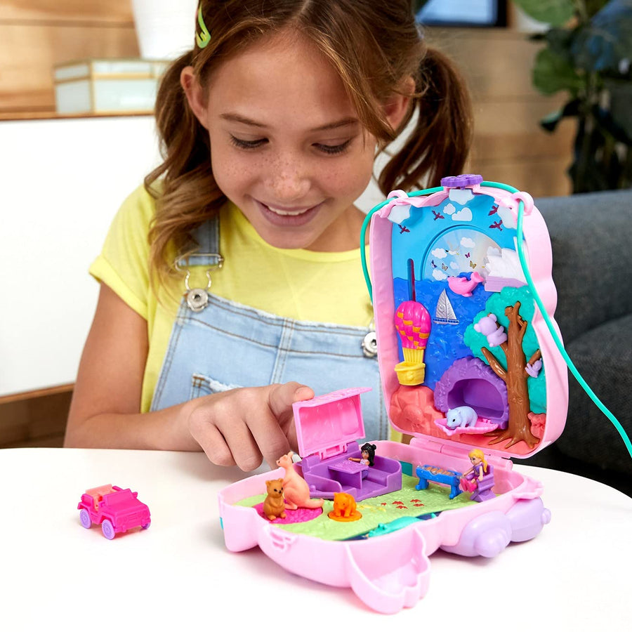 Polly Pocket Koala Adventures Wearable Purse Compact with Micro Polly Doll & Friend Doll, 8 Outdoor-Related Features, 5 Animals & Removable Vehicle Accessory, Great Gift for Ages 4 Years Old & Up