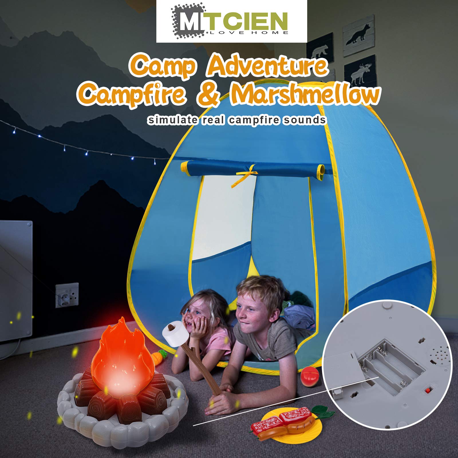 MITCIEN Kids Camping Play Tent with Toy Campfire / Marshmallow /Fruits Toys Play Tent Set for Boys Girls Indoor Outdoor Pretend-Play Game