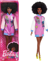 Barbie Fashionistas Doll #156 with Brunette Afro & Blue Lips Wearing Graphic Coat Dress & Yellow Shoes, Toy for Kids 3 to 8 Years Old
