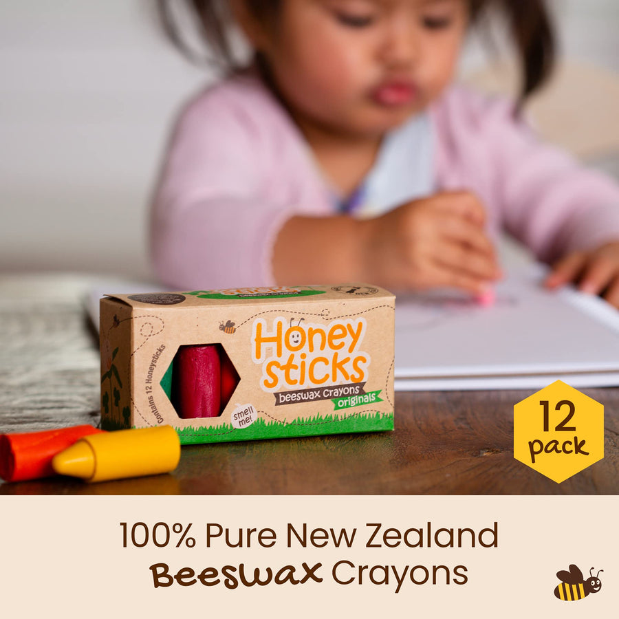 Honeysticks 100% Pure Beeswax Crayons Natural, Safe for Toddlers, Kids and Children, Handmade in New Zealand, For 1 Year Plus (12 Pack)