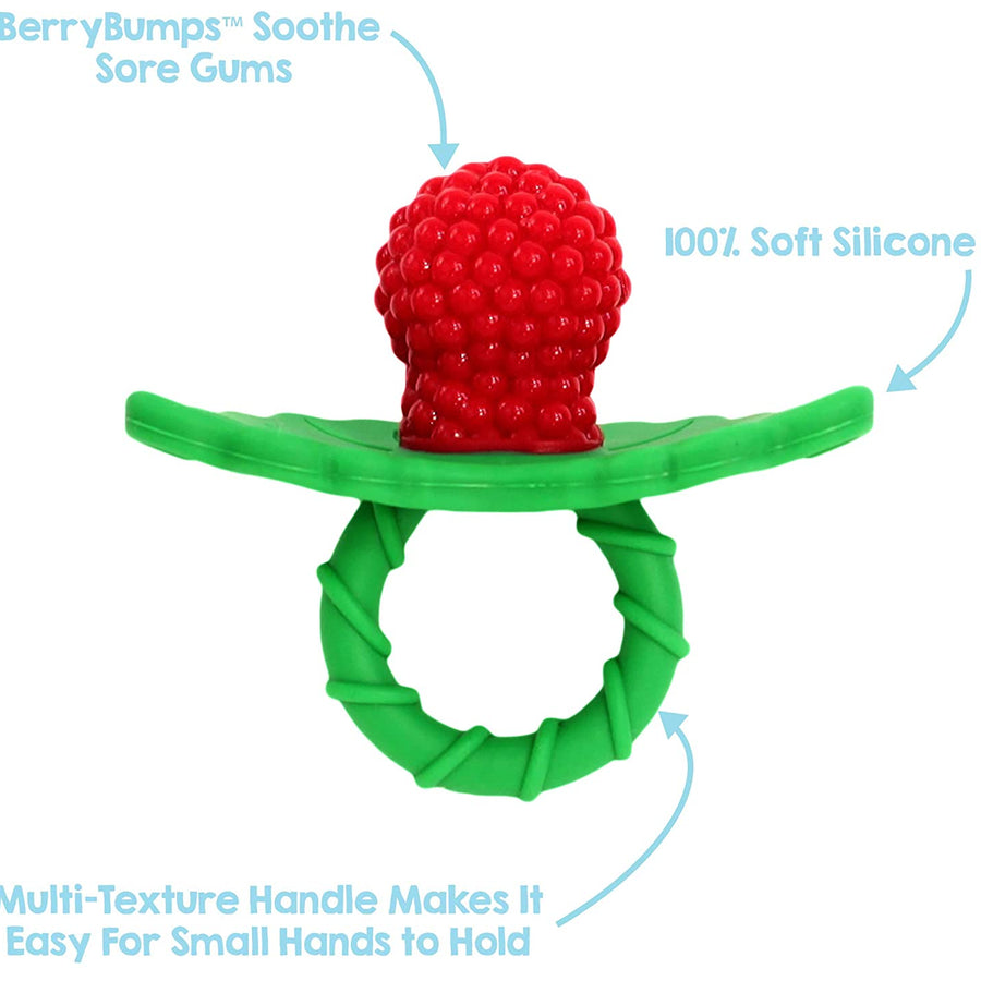 RaZbaby RaZberry Silicone Baby Teether Toy - Berrybumps Soothe Babies Sore Gums - Infant Teething Toy - Hands Free Design - BPA Free - Easy-to-Hold Design - Teething Relief Pacifier - Fruit Shape/Red
