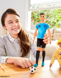 Ken Soccer Player Doll with Soccer Ball Wearing Soccer Uniform Accessorized with Soccer Socks and Cleats, Gift for 3 to 7 Year Olds
