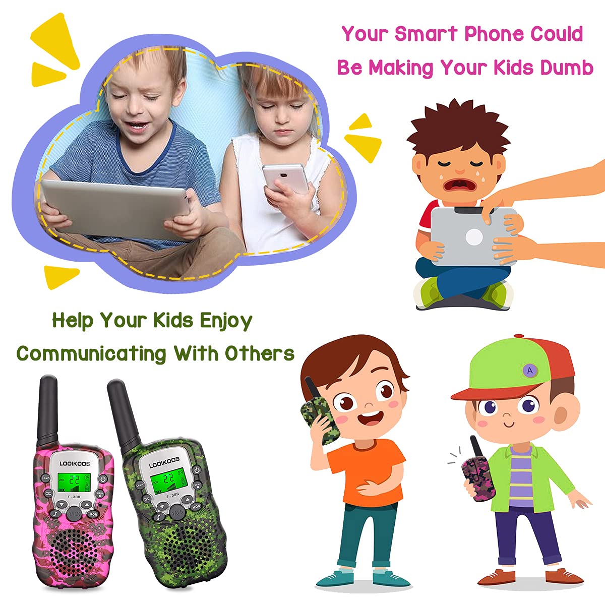 LOOIKOOS Walkie Talkies for Kids, 3 KMs Long Range Children Walky Talky Handheld Radio Kid Toy Best Gifts for Boys and Girls 3 Pack