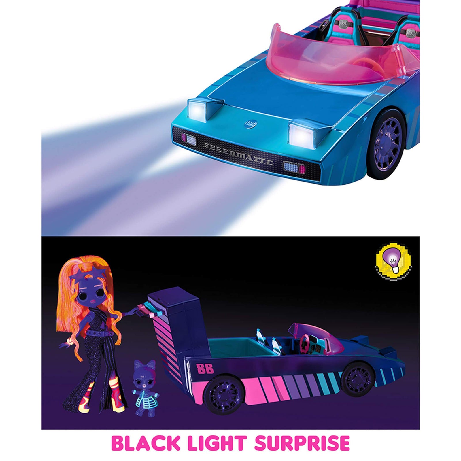 LOL Surprise Dance Machine Car with Exclusive Doll, Surprise Pool and Dance Floor, Multicolor and Magic Blacklight, for Kids