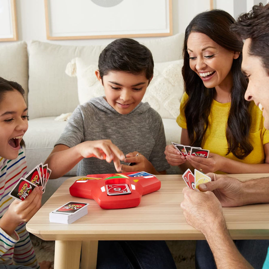 Mattel UNO Triple Play Card Game with Card-Holder Unit with Lights & Sounds & 112 Cards, Kid, Teen & Adult Game Night Gift Ages 7 Years & Older