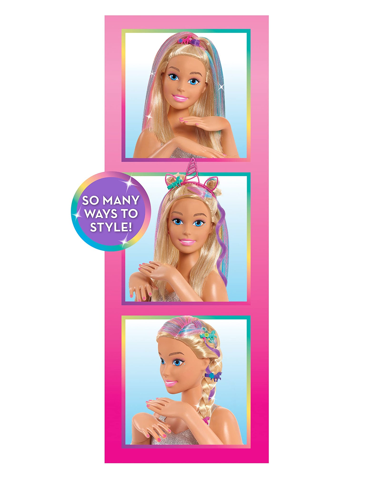 Barbie Deluxe 20-Piece Glitter and Go Styling Head, Blonde Hair and Unicorn Headband, by Just Play