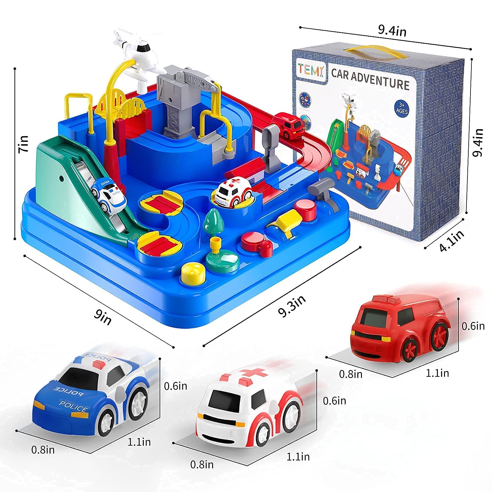 TEMI Kids Race Track Toys for Boy Car Adventure Toy for 3 4 5 6 7 Years Old Boys Girls, Puzzle Rail Car, City Rescue Playsets Magnet Toys w/ 3 Mini Cars, Preschool Educational Car Games Gift Toys