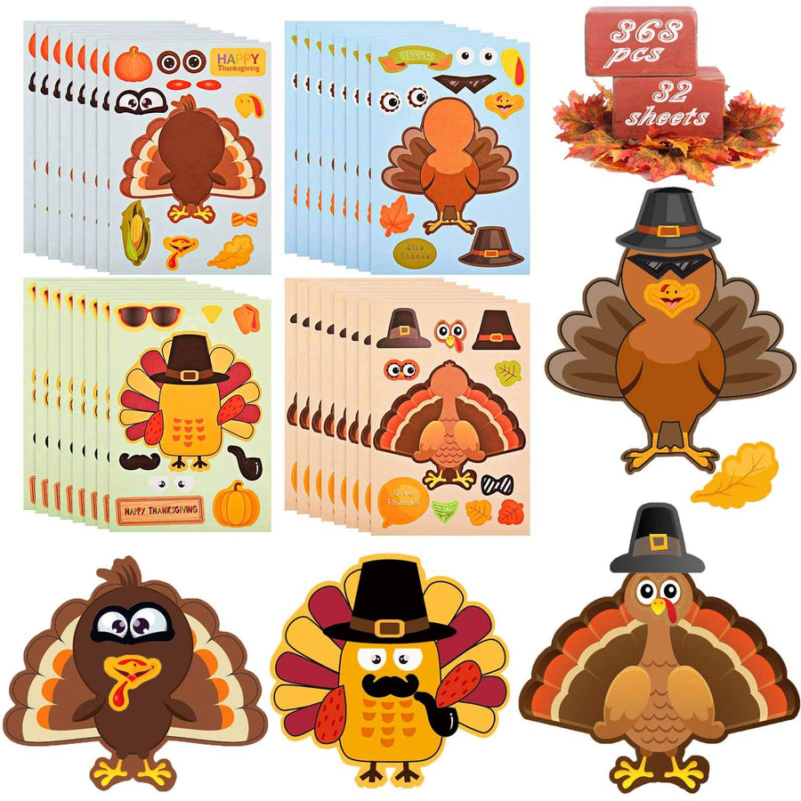 Make-A-Turkey Stickers Thanksgiving Party Favors Supplies 368pcs-DIY Stickers for Kids Turkey Games Crafts Stickers Autumn Fall Harvest Halloween Thanksgiving Decorations 32 Sheets
