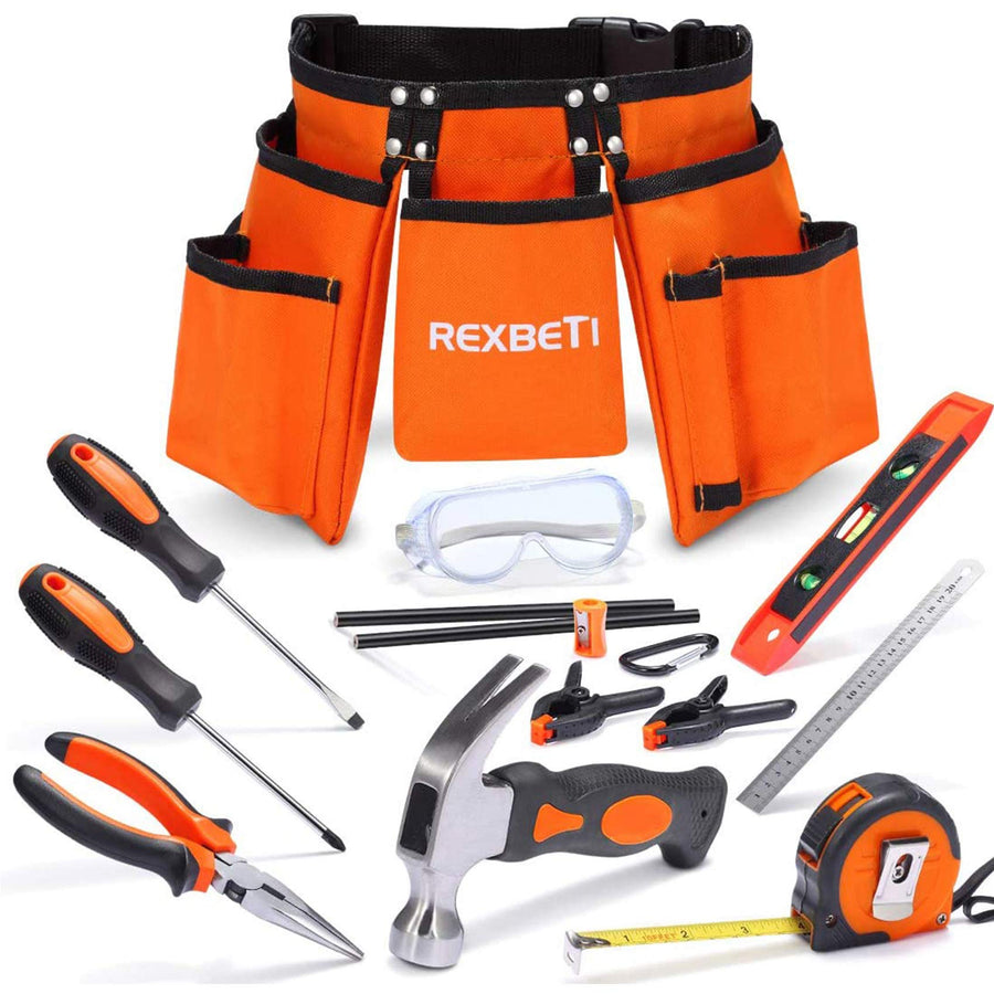 REXBETI 15pcs Young Builder's Tool Set with Real Hand Tools, Reinforced Kids Tool Belt, Waist 20"-32", Kids Learning Tool Kit for Home DIY and Woodworking