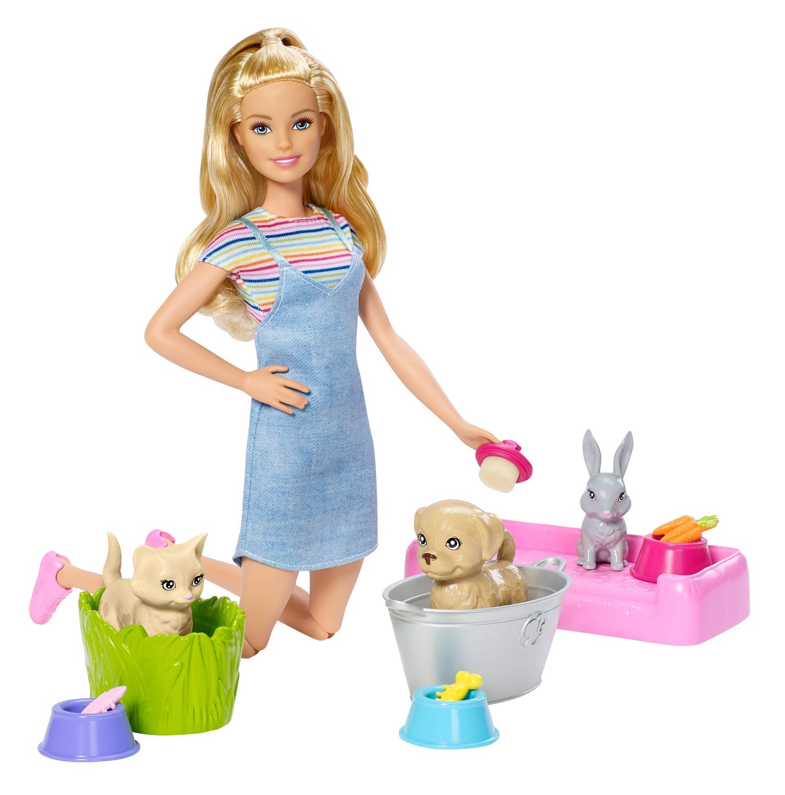 Barbie Play ‘n’ Wash Pets Playset with Blonde Doll, 3 Color-Change Animals a Puppy, Kitten and Bunny and 10 Pet and Grooming Accessories, Gift for 3 to 7 Year Olds