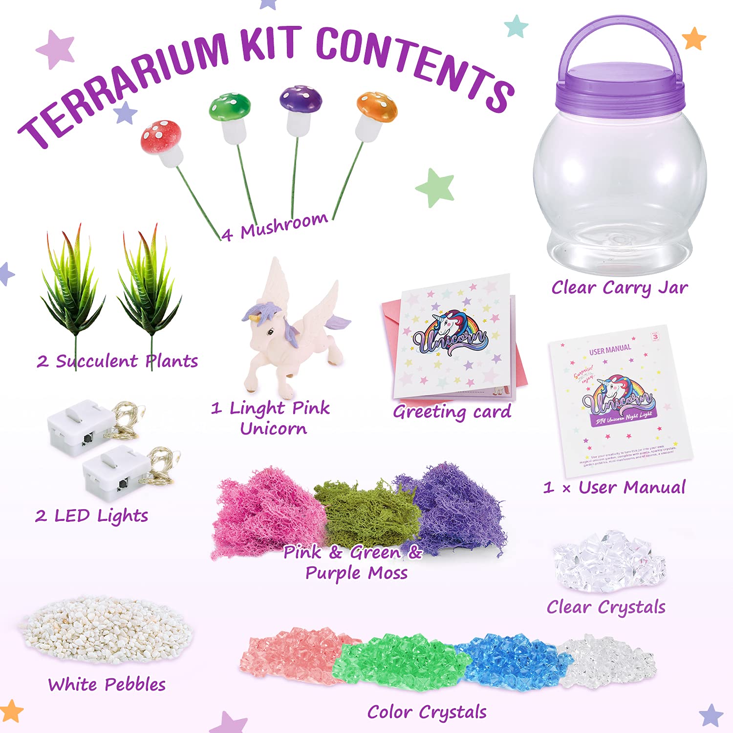DIY Light-Up Terrarium Kit for Kids with Unicorn Toys, Building Your Wonder Garden, Unicorn Craft Nightlight Gift for Girls Age 3, 4, 5, 6, 7, 8+Years Old, Unicorn Stuff, Birthday Gift, Bedroom Decor