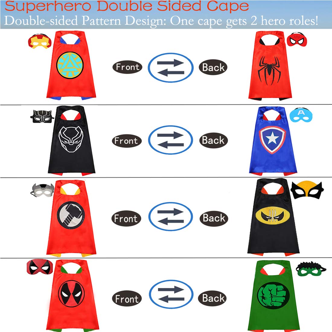 Superhero Capes and Mask for Kids Superhero Costumes Double Side Capes Superhero Toy 4-10 Year Kids Best Gifts
