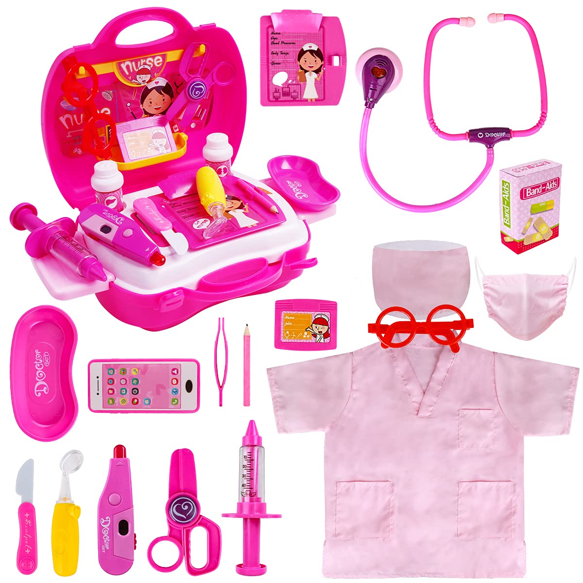 Meland Toy Doctor Kit for Kids - Pretend Play Doctor Set with Carrying Case, Electronic Stethoscope & Dress Up Costume - Doctor Play Set for Girls Toddlers Ages 3 4 5 6 Year Old for Role Play Gift