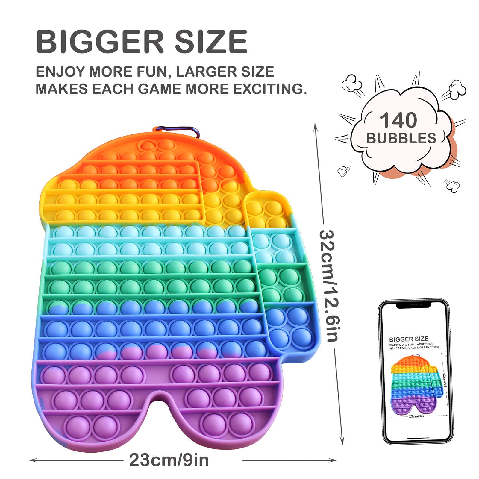 PIZZPOP Jumbo Pop Push Bubble Fidget Sensory Toy, 140 Bubbles Big Size Rainbow Silicone Fidget Popper, Stress Anxiety Relief Toys Puzzle Game Gift for Adults Kids