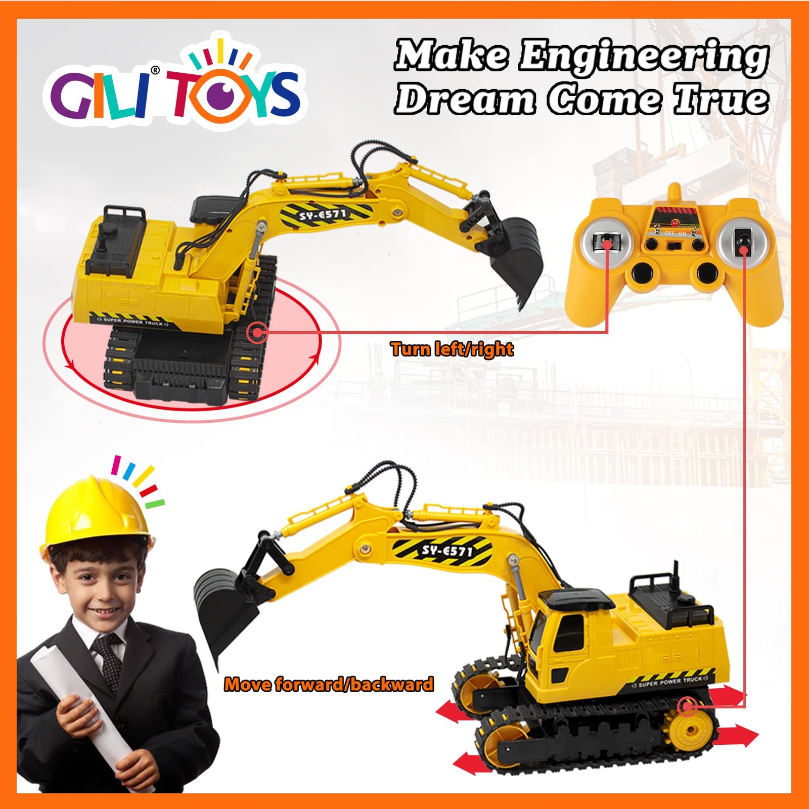 Gili RC Excavator Toy, Remote Control Hydraulic Toy Car for 4, 5, 6, 7, 8 Year Old Boys Girls, Construction Tractor Vehicle, Rechargable Engineering Digger Truck, Best Birthday Gifts for Kids Age 3yr