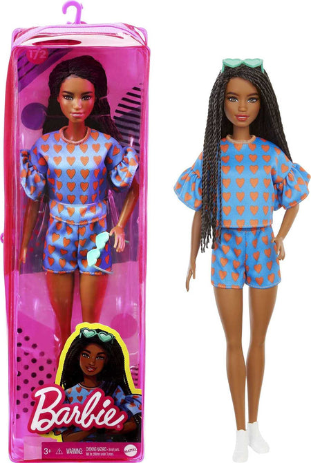 Barbie Fashionistas Doll # 172 , Heart Print Matching Top & Shorts & Twisted Hairstyle Toy for Kids 3 to 8 Years Old