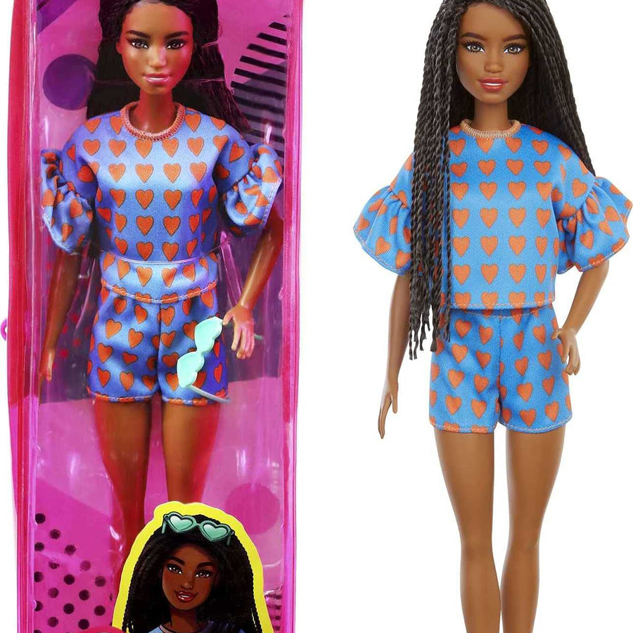 Barbie Fashionistas Doll # 172 , Heart Print Matching Top & Shorts & Twisted Hairstyle Toy for Kids 3 to 8 Years Old