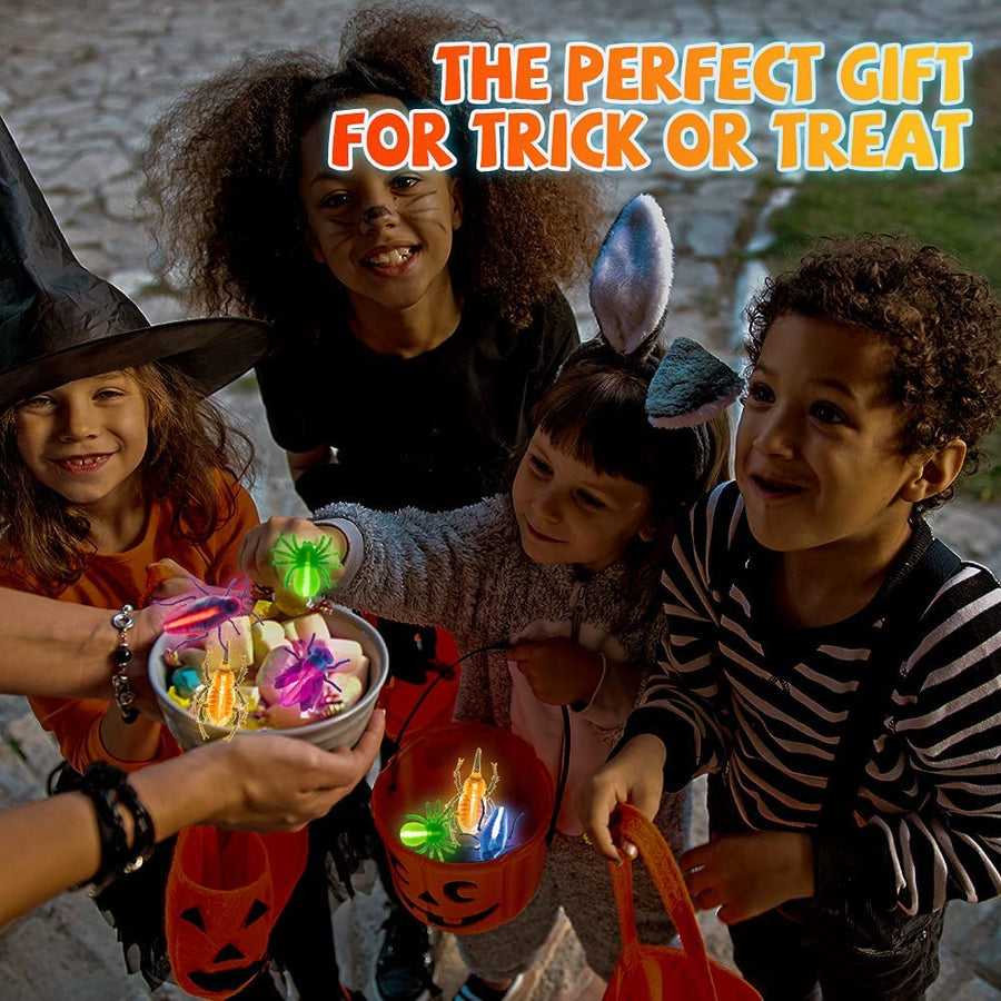 Glow Critters For Halloween Party Favor, Glow in the Dark Party Toys Set for Kids, Trick or Treating Goodie Supplies, School Classroom Game Prizes - 24 Fake Bugs and 34 Mini Glow Sticks