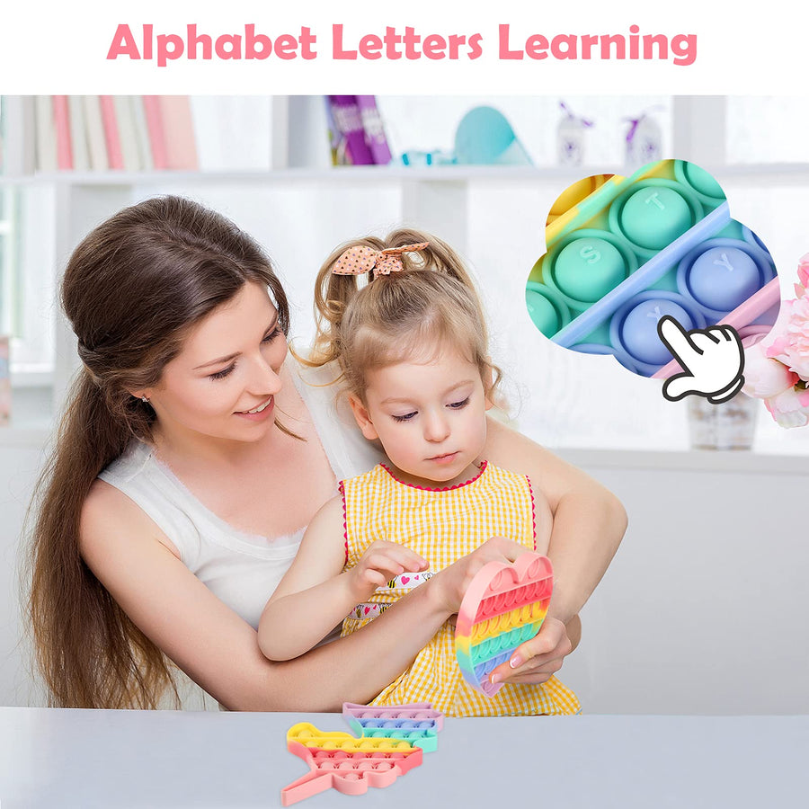 HiUnicorn Poppers Fidget Toys Gift for Girls, Pop Sound Bubbles Rainbow Unicorn Heart Alphabet Letters Learning Sensory Toy, Push Popping Toy Keep Focus and Relieve Stress(2 Pack Macalon)