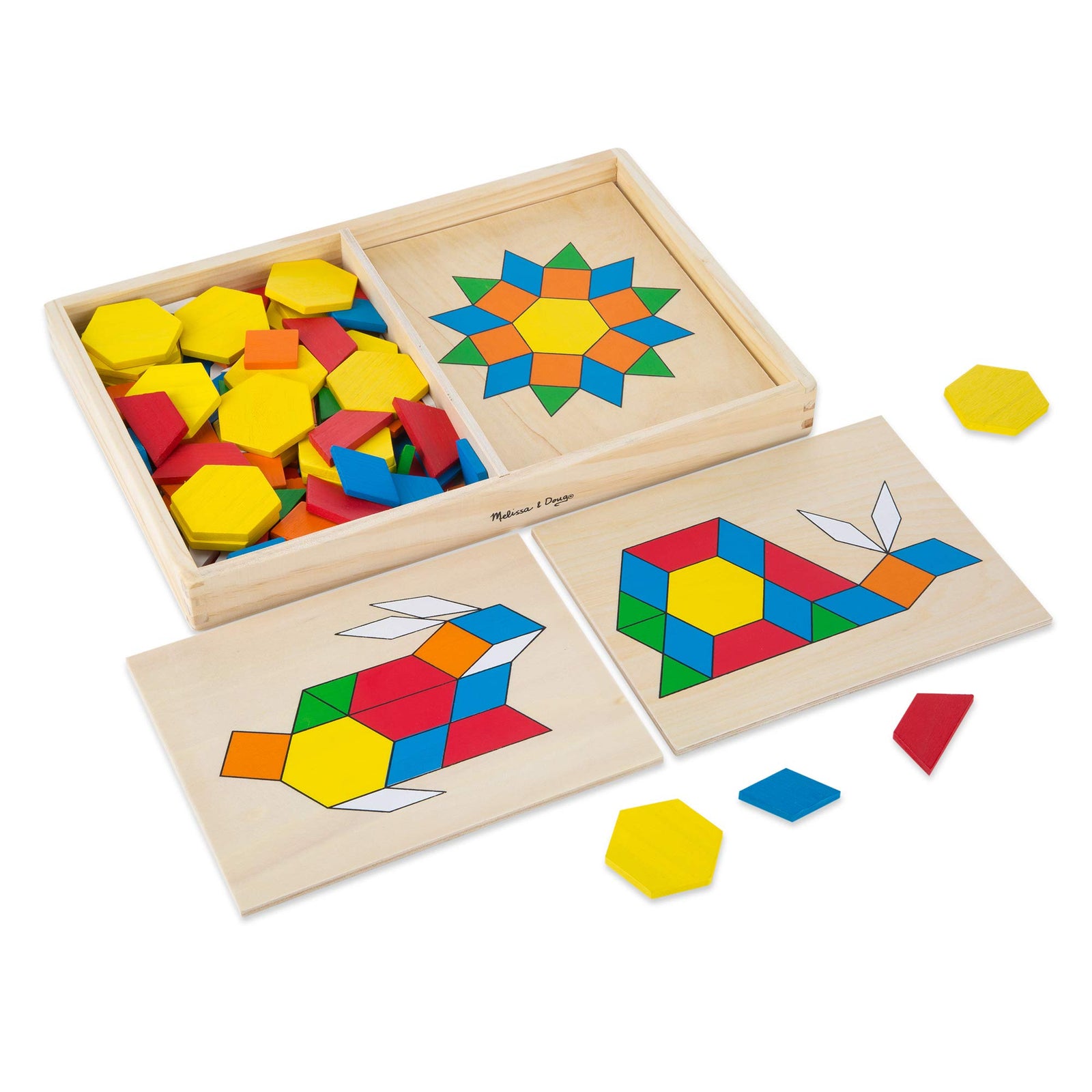 Melissa & Doug Pattern Blocks and Boards - Classic Toy With 120 Solid Wood Shapes and 5 Double-Sided Panels