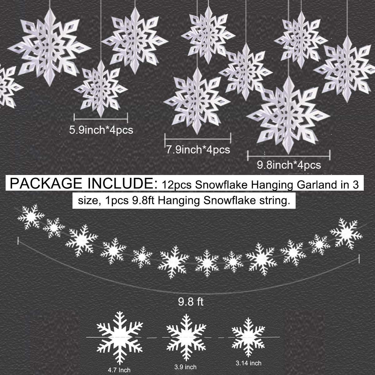 Winter Christmas Hanging Snowflake Decorations, 12PCS Snowflakes Garland & 12PCS 3D Glittery Large White Snowflake for Christmas Winter Wonderland Holiday New Year Party Home Decorations