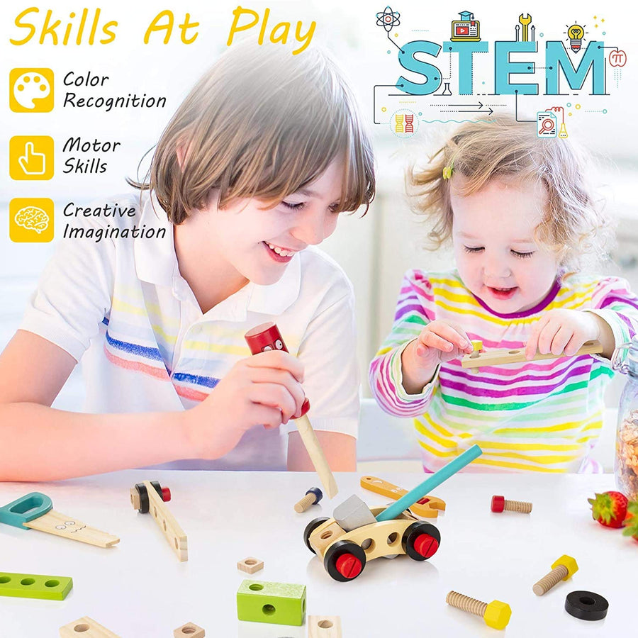 KIDWILL Tool Kit for Kids, Wooden Tool Box with 33pcs Wooden Tools, Building Toy Set, Educational STEM Construction Toy,Christmas Birthday Gift for 2 3 4 5 6 Year Old Toddlers Boys Girls