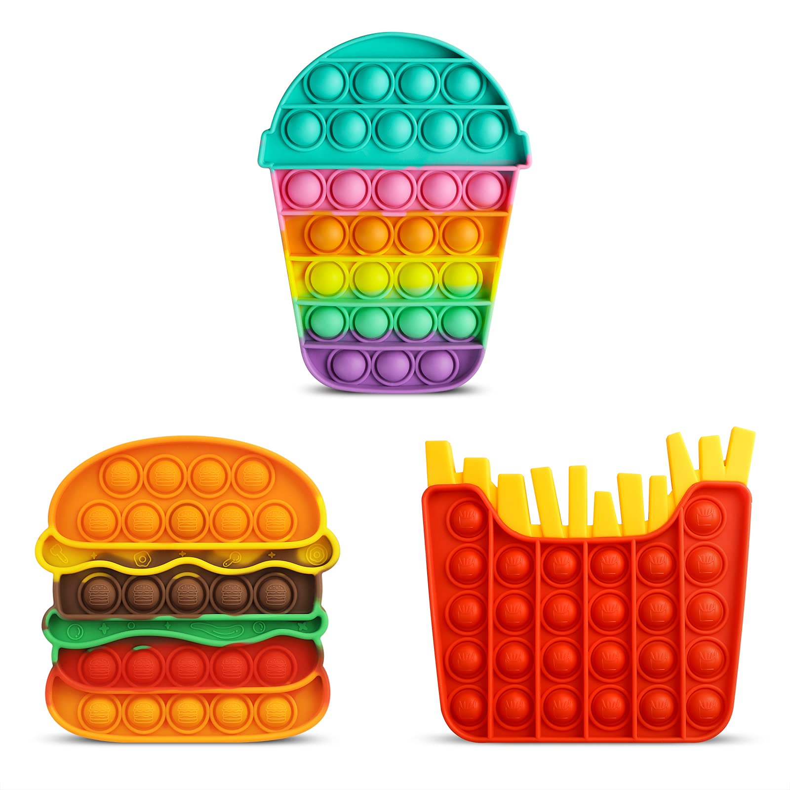 Aemotoy 3PCS Push Bubble Fidget Sensory Toys for Kids Adults Silicone Pop Rainbow Hamburger Squeeze Toy Stress Anxiety Relief Toys Novelty Gift for Autism ADD ADHD,Colorful Hamburger+Fries+Cup