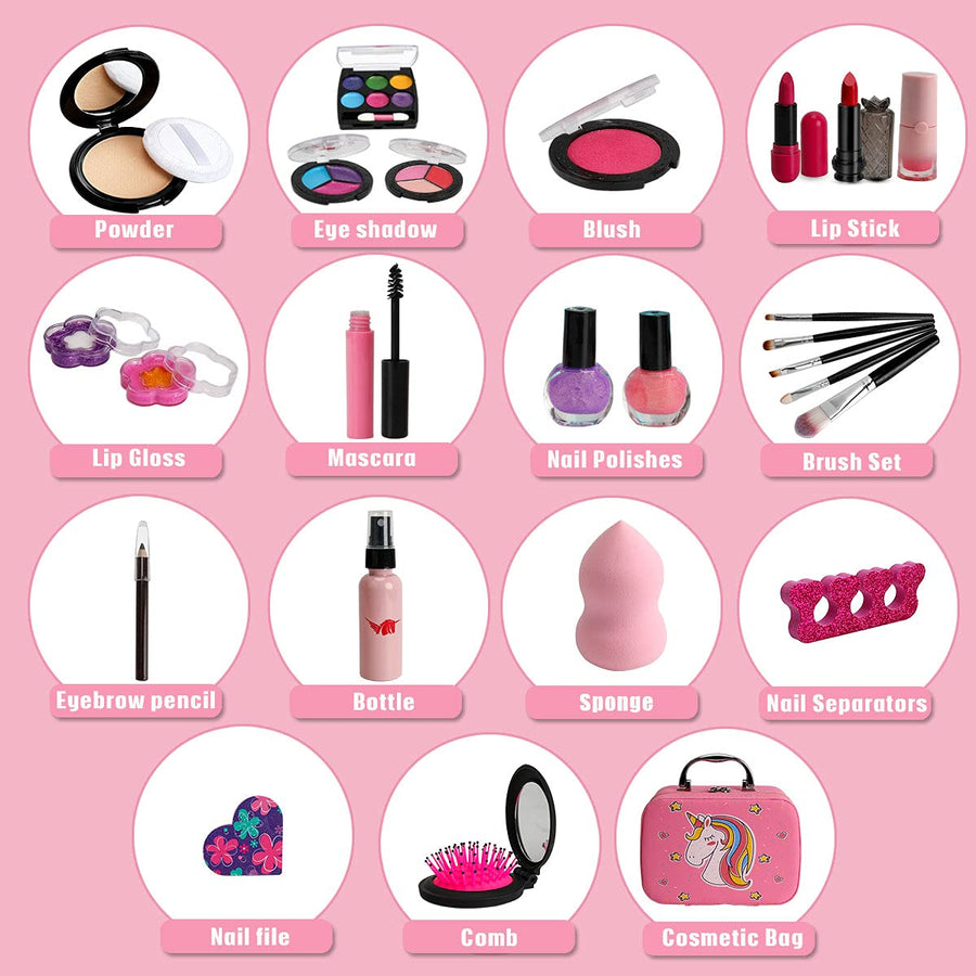 Flybay Kids Makeup Kit for Girls, Real Makeup Set, Washable Makeup Kit Toys for Little Girls Child Pretend Play Makeup for 4 5 6 7 Years Old Birthday Gifts Toys.