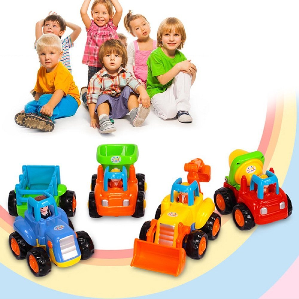 Friction Powered Cars, Push and Go Toy Trucks Construction Vehicles Toys Set for 1-3 Year Old Baby Toddlers- Dump Truck, Cement Mixer, Bulldozer, Tractor, Early Educational Cartoon ( Set of 4)
