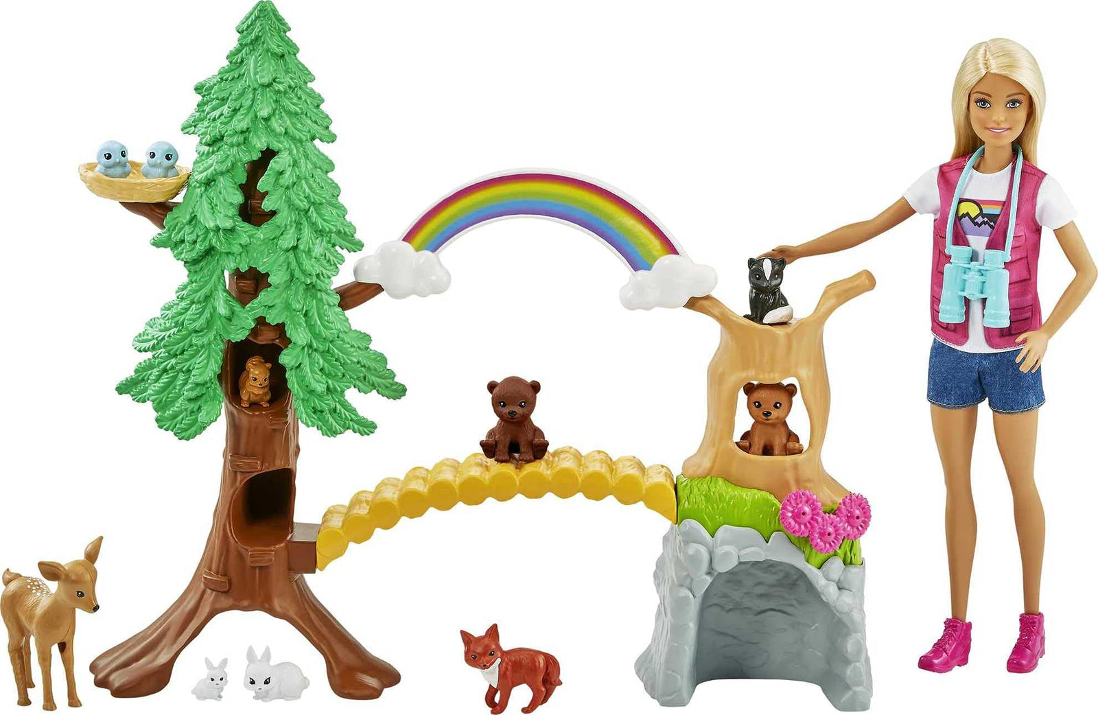 Barbie Wilderness Guide Interactive Playset with Blonde Doll (12-in), Outdoor Tree, Bridge, Overhead Rainbow, 10 Animals & More, Great Gift for Ages 3 Years Old & Up