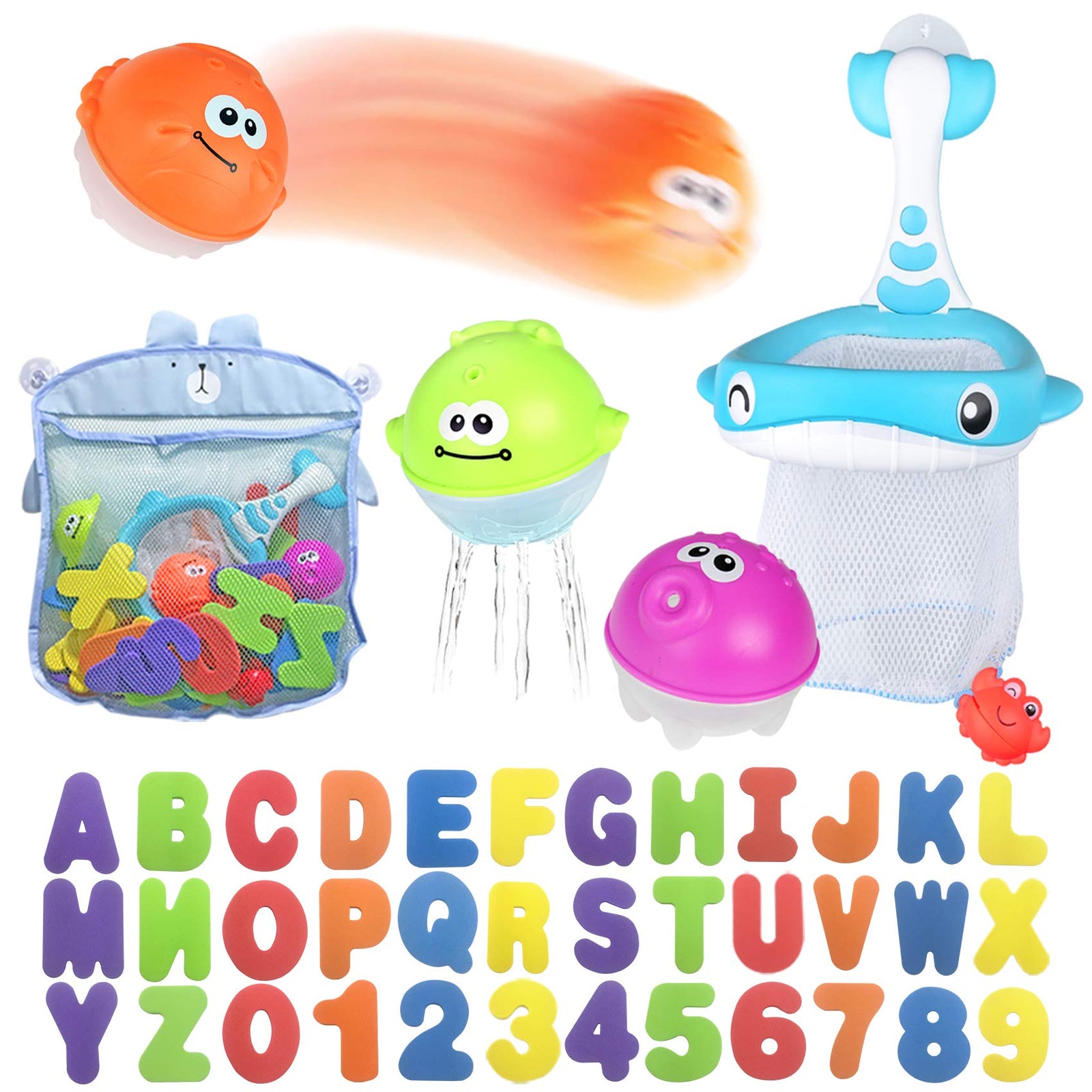 Bath Toy Sets, 36 Foam Bath Letters and Numbers, Floating Squirts Animal Toys Set with Fishing Net and Organizer Bag, Fish Catching  Game for Babies Infants Toddlers Bathtub Time