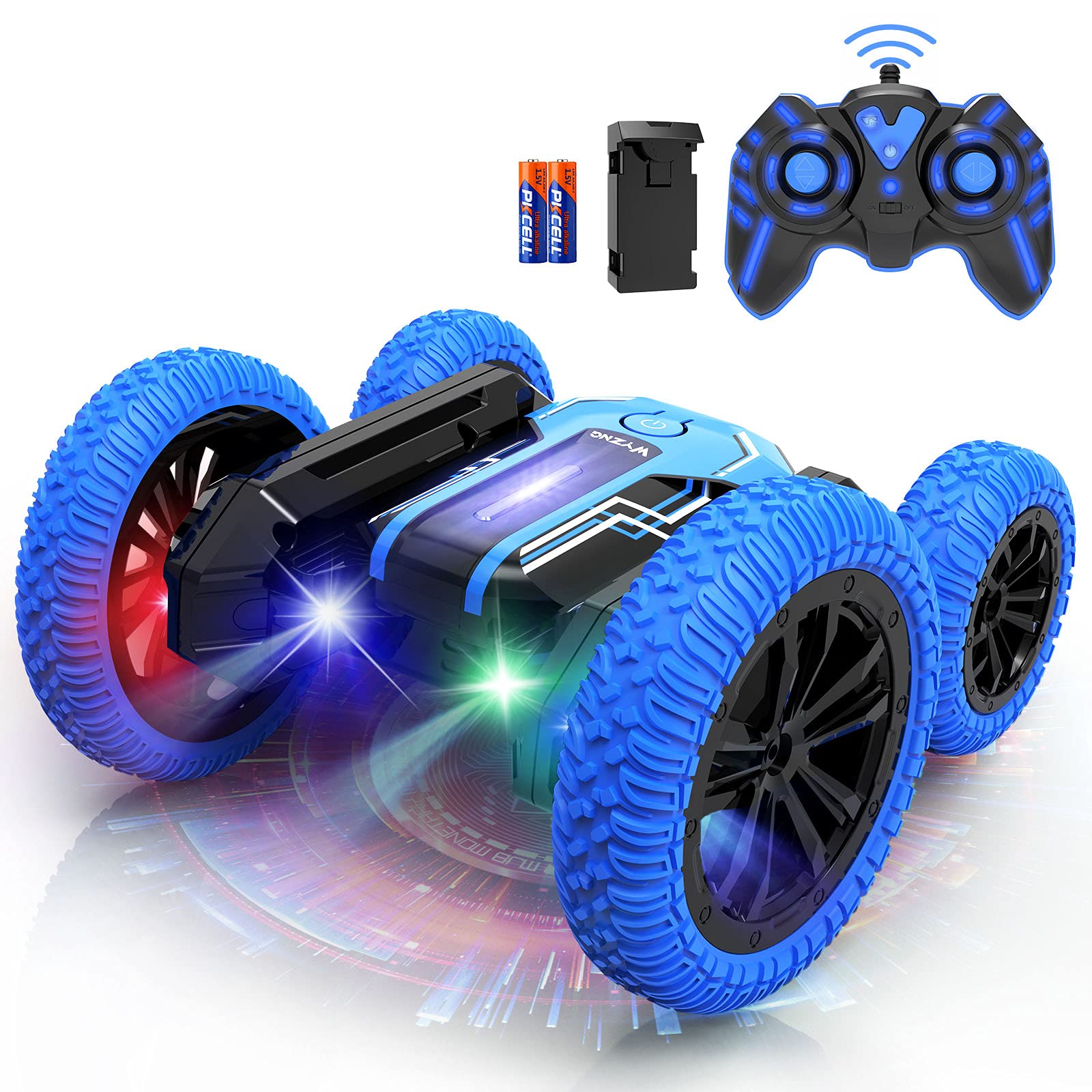 Remote Control Car, Wyzng RC Stunt Car Toy with LED Controller, 360°Flip Double Sided Stunt Car, 4WD Off-Road RC Car for Boys with 5 LED Lights, Rechargeable Battery, Toy Car for kids 5,6,7,8-12 Gifts