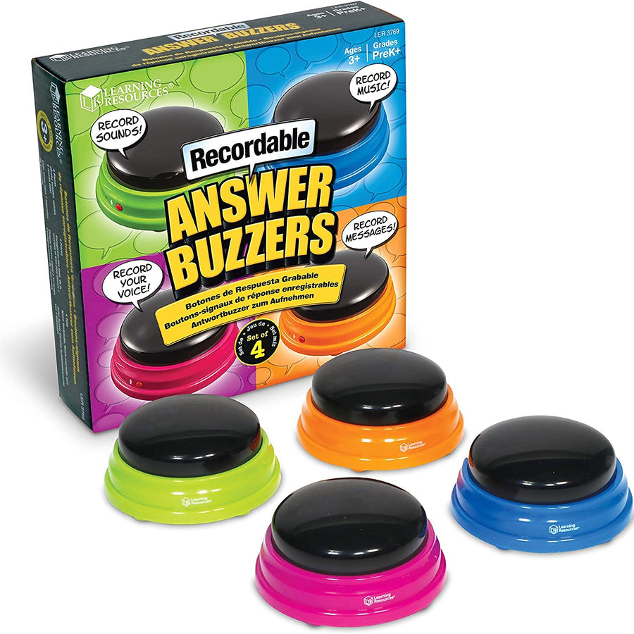 Learning Resources Recordable Answer Buzzers, Personalized Sound Buzzer, Recordable Buttons, Perfect for Game Nights, Set of 4, Ages 3+