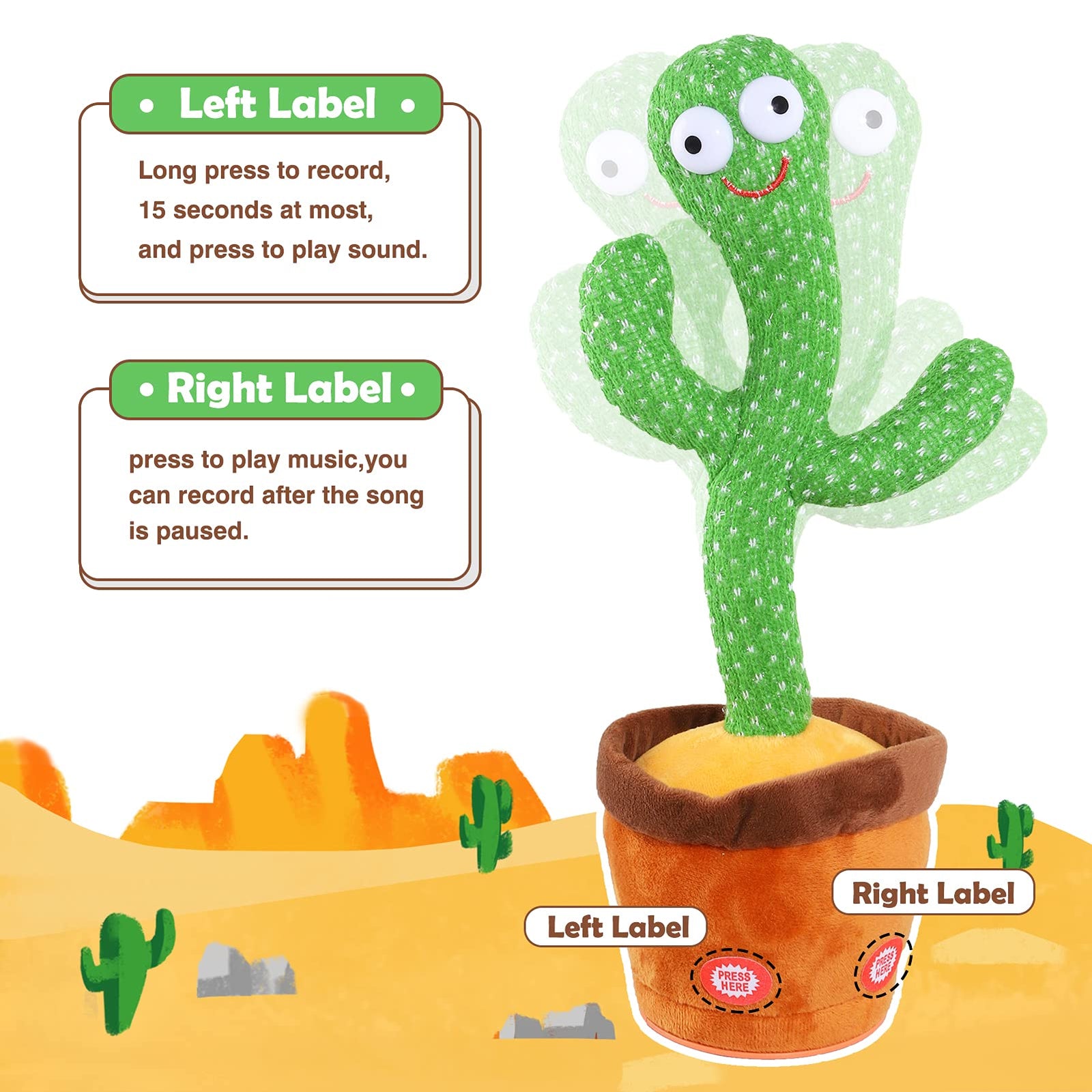 Kids Dancing Cactus Toys for Baby Boys and Girls, Talking Sunny Cactus Toy Electronic Plush Toy Singing, Record & Repeating What You Say with 120 English Songs and LED Lighting for Home Decor