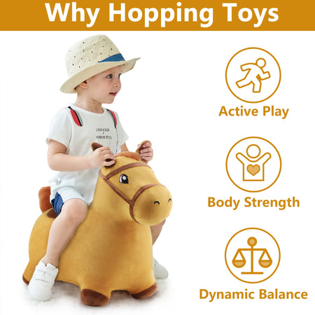 iPlay, iLearn Bouncy Pals Yellow Hopping Horse, Outdoor Ride on Bouncy Animal Play Toys, Inflatable Hopper Plush Covered W/ Pump, Activitie Gift for 18 Months 2 3 4 5 Year Old Kids Toddlers Boys Girls