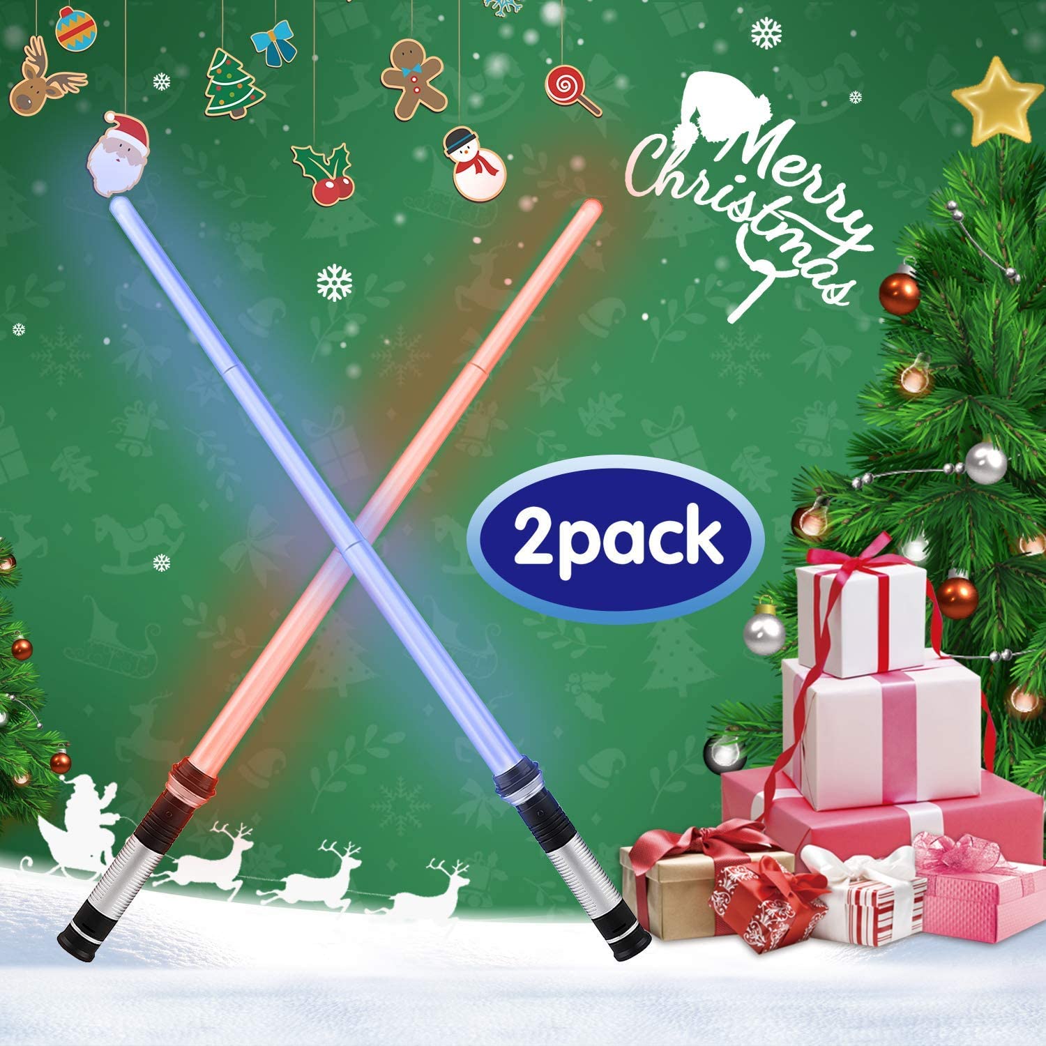 TOY Life Light Up Saber 2 Pack Telescopic Extendable & Collapsable Laser Sword 2-in-1 LED + Sound FX(Motion Sensitive) Double Bladed Dual Light Up Sword for Kids Halloween Dress Up Parties Costume