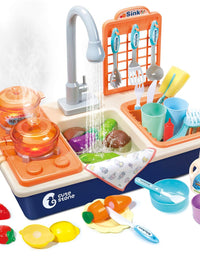 CUTE STONE Pretend Play Kitchen Sink Toys with Play Cooking Stove, Pot and Pan with Spray Realistic Light and Sound, Dish Rack & Play Cutting Food, Utensils Tableware Accessories for Toddlers Kids
