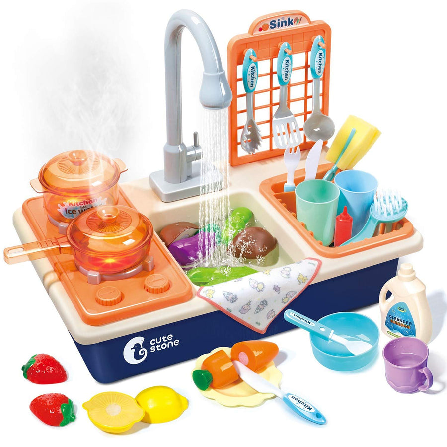 CUTE STONE Pretend Play Kitchen Sink Toys with Play Cooking Stove, Pot and Pan with Spray Realistic Light and Sound, Dish Rack & Play Cutting Food, Utensils Tableware Accessories for Toddlers Kids