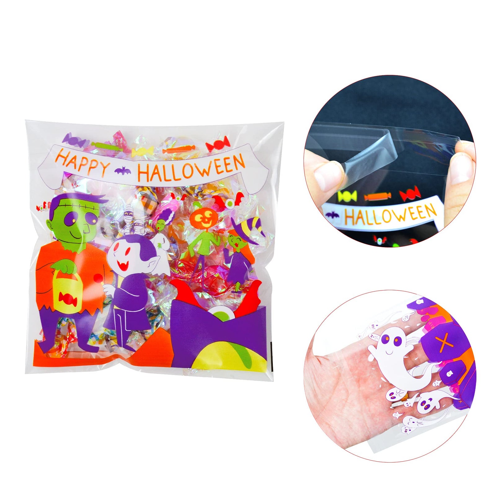 JOYIN 150 PCS Halloween Cellophane Treat Bags, Halloween Clear Self-adhesive Candy Bags, Halloween Plastic Cookie Bags for Trick or Treat, Halloween Goodie Bags for Party Favor Supplies