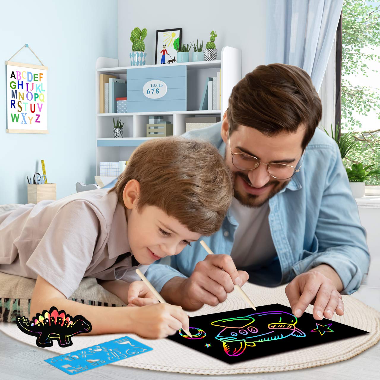 RMJOY Art-Craft Scratch Paper for Kids: Magic Rainbow Drawing Art Pads Leaning Supplies Kits for Kids Teen 4-12 Years Old Preschool Boys Toy Game Gift for Birthday Party Favor|Coloring Fun|DIY Project