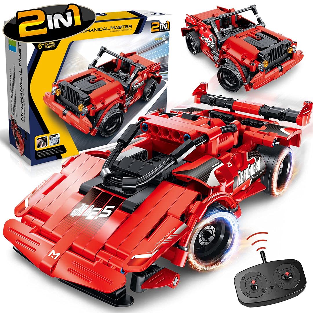 STEM Building Blocks Toys Gifts for Age 6, 7, 8, 9, 10, 11, 12 Boys and Girls, DIY Building Bricks, STEM Engineering Construction RC Toy,Racing Car with Remote Control,2 in 1 Model, 2.4GHz (351pcs)