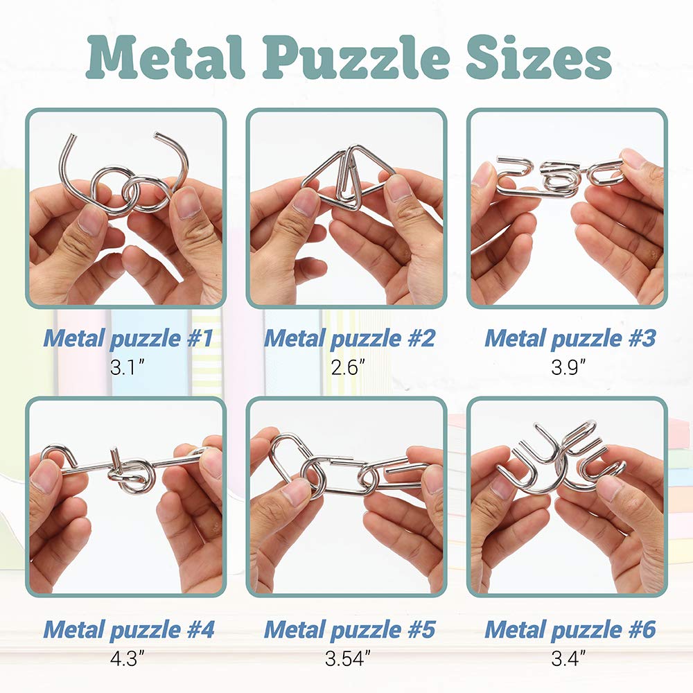 Brain Teasers Metal and Wooden Puzzles for Kids and Adults 9 Pack, Mind, IQ, and Logic Test and Handheld Disentanglement Games, 3D Coil Cast Wire Chain and Durable Wood Educational Toys