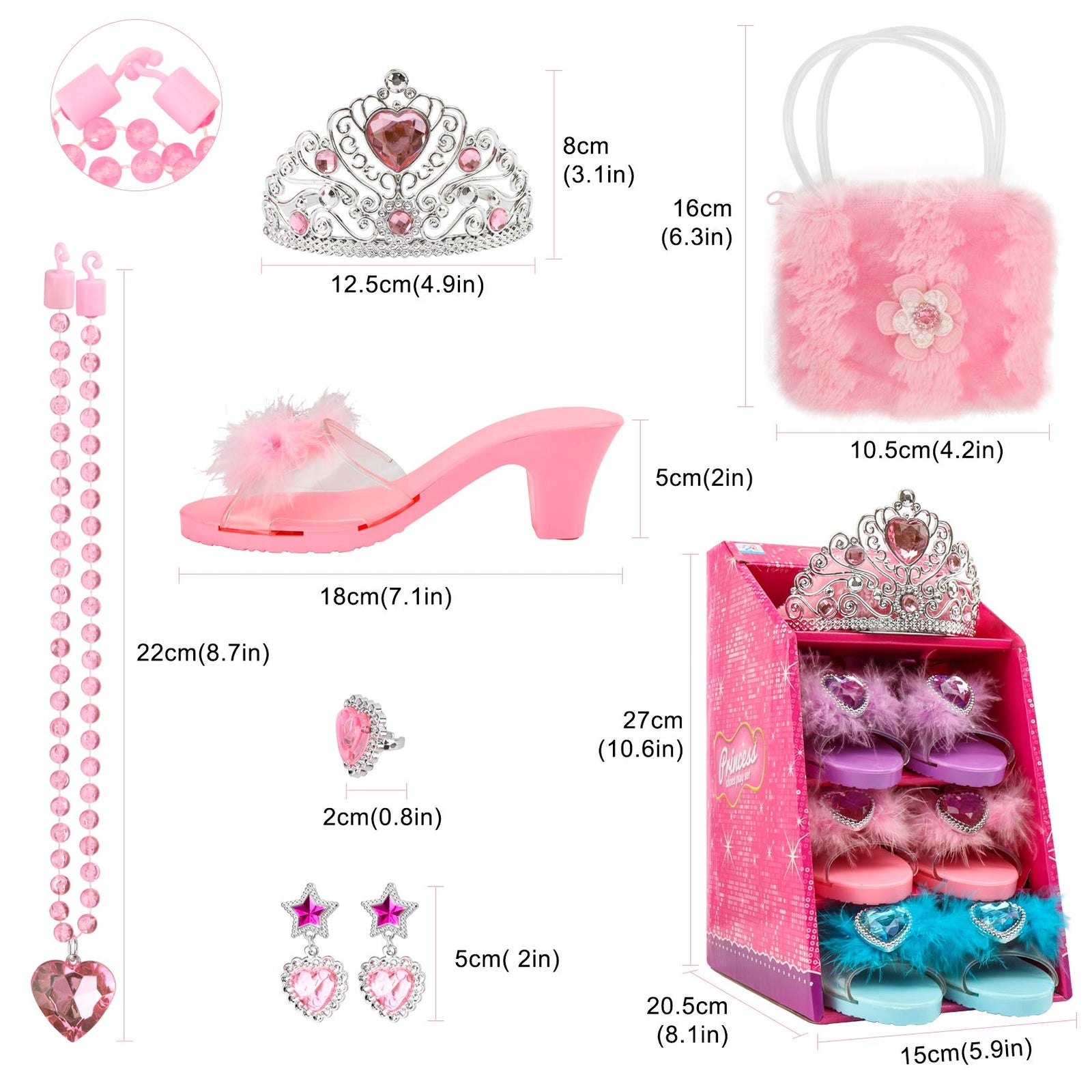 Jaolex Princess Toddler Dress Up Shoes and Pretend Jewelry Toys Set -3 Pairs of Shoes with Tiara Crown Earrings Necklaces Ring Handbag Role Play Collection Shoes Set for Girls Aged 3-6 Years Old