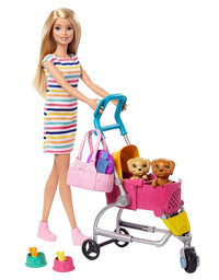 Barbie Stroll ‘n Play Pups Playset with Blonde Barbie Doll (11.5-Inch), 2 Puppies, Pet Stroller and Accessories, Gift for 3 to 7 Year Olds
