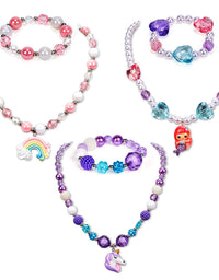 G.C 3 Sets Girl Princess Necklace Bracelet with Colorful Unicorn Mermaid Rainbow Pendant Kids Stretchy Chunky Costume Jewelry Gift Party Favors Dress up Jewelry for Little Girl Toddler(with Gift Box)
