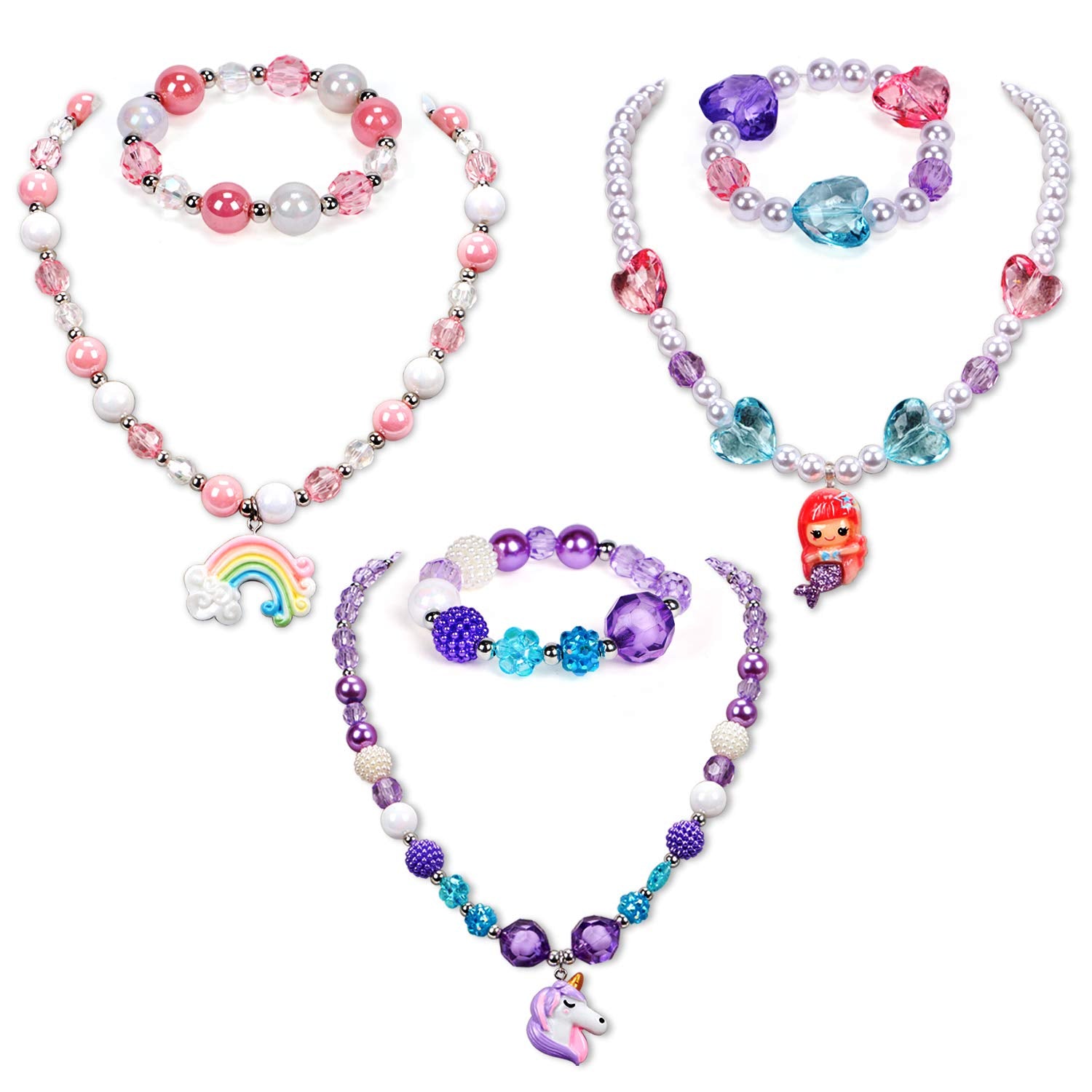 G.C 3 Sets Girl Princess Necklace Bracelet with Colorful Unicorn Mermaid Rainbow Pendant Kids Stretchy Chunky Costume Jewelry Gift Party Favors Dress up Jewelry for Little Girl Toddler(with Gift Box)
